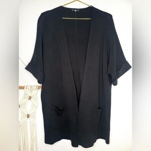 Eileen Fisher open Cardi sweater Black Open-Front Cardigan Cuffed Short Sleeve